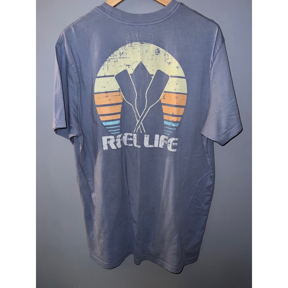 Reel Life Mens XL Blue Graphic T-Shirt Short Sleeve Fishing Oar Sunset Tee